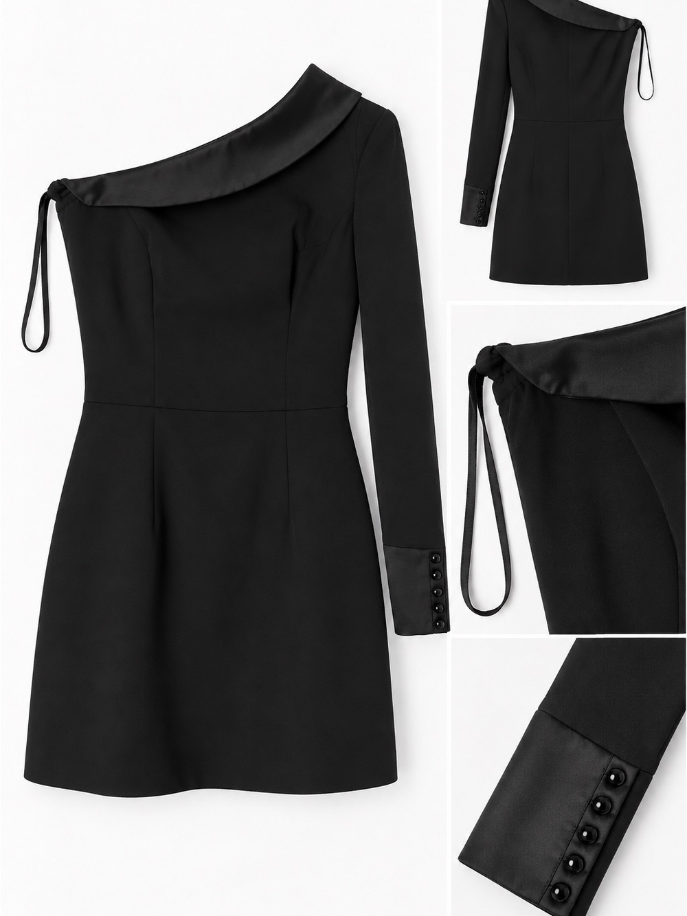 Asymmetrical One-Shoulder Black Mini Dress with Satin Trim